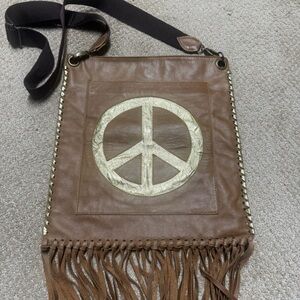 Eyes of Ruth Boho Brown Fringe Crossbody Bag with Peace Emblem